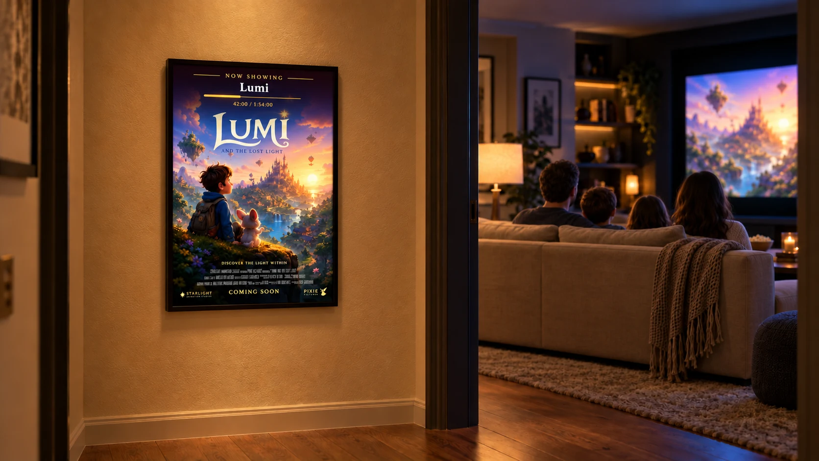 A wall-mounted Lumi poster with a Now Showing overlay, beside a family watching television together in a warmly lit living room.